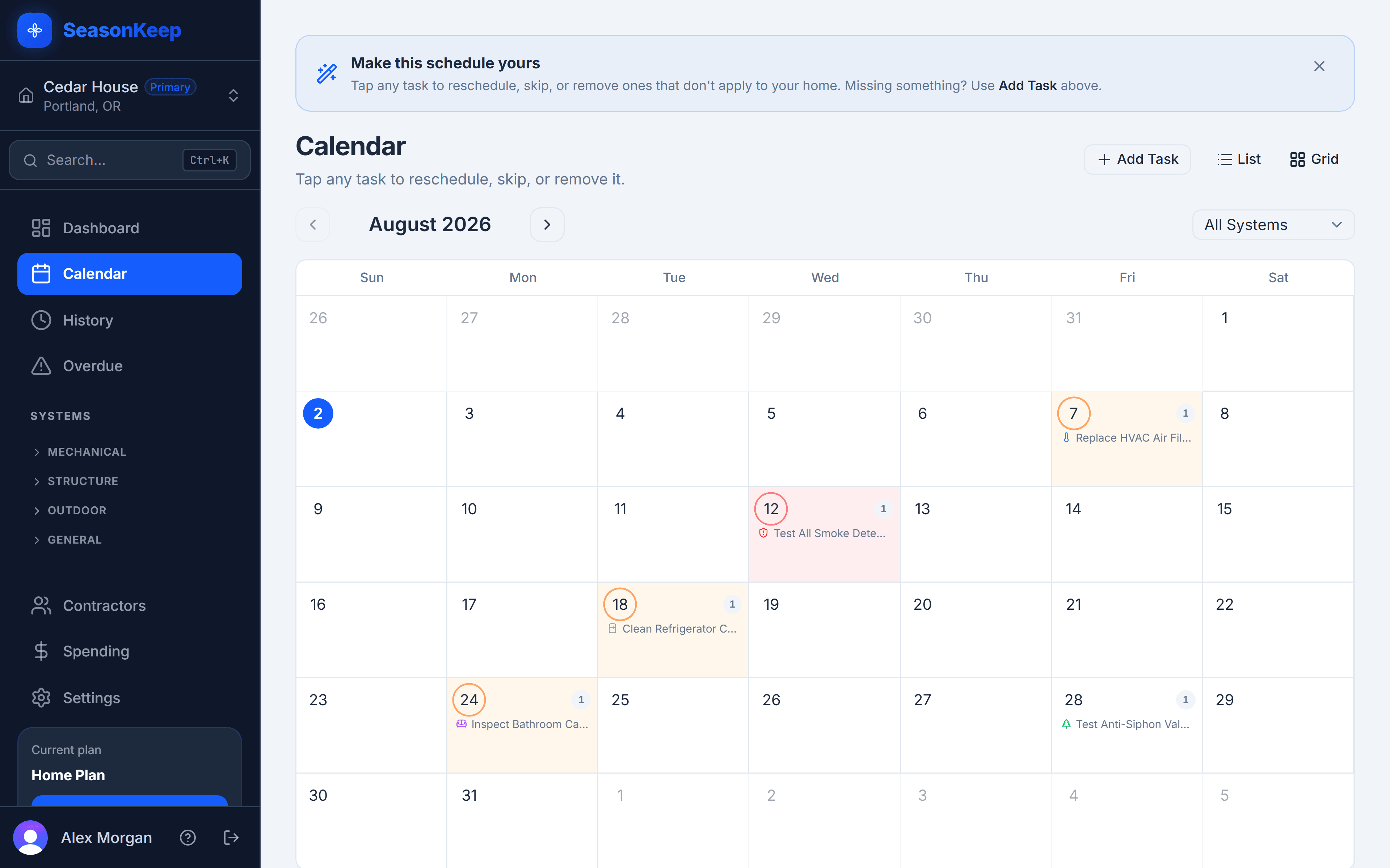 SeasonKeep annual maintenance calendar showing dated tasks and completion status