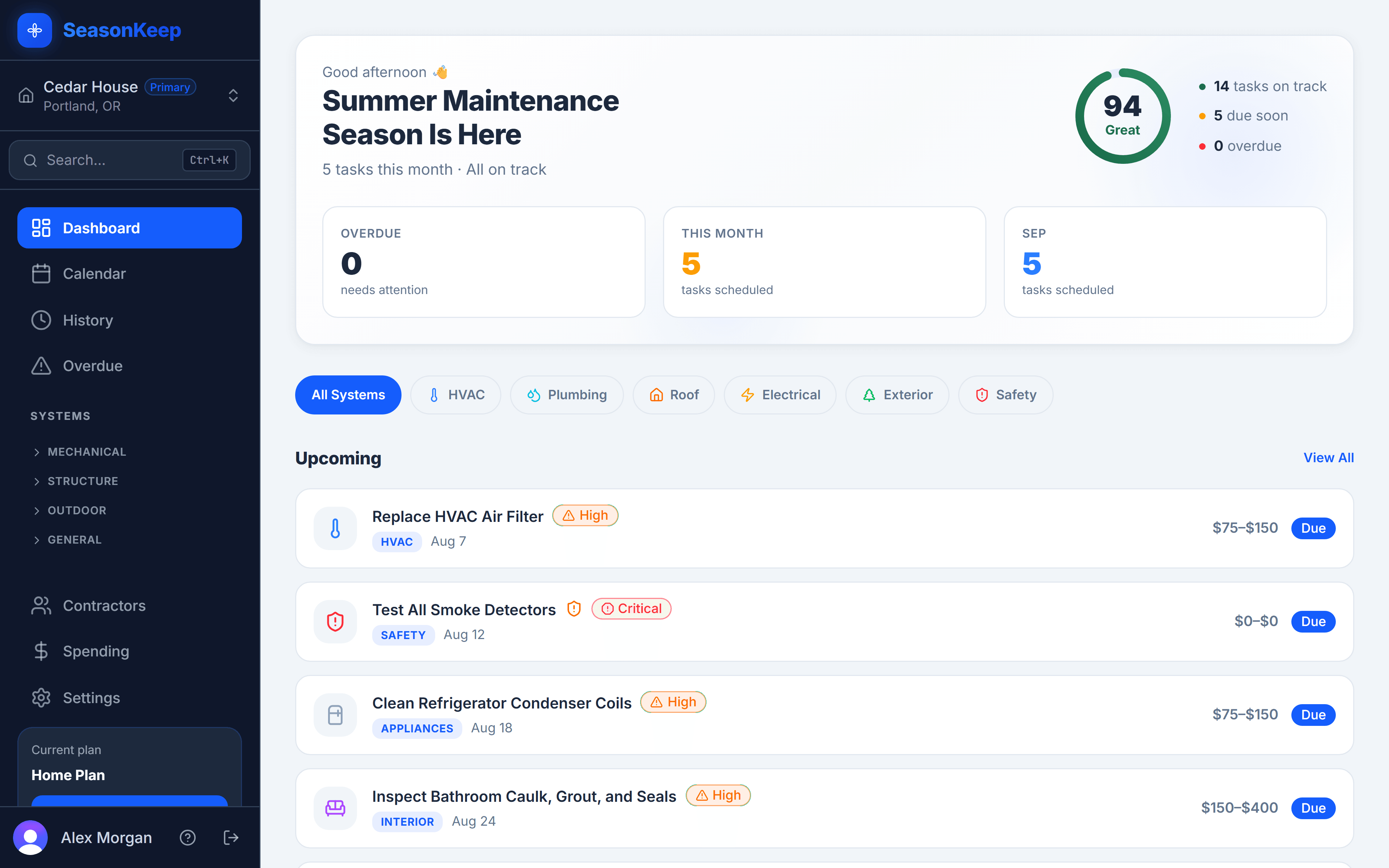 SeasonKeep dashboard showing Home Health Score, upcoming tasks, and maintenance calendar overview